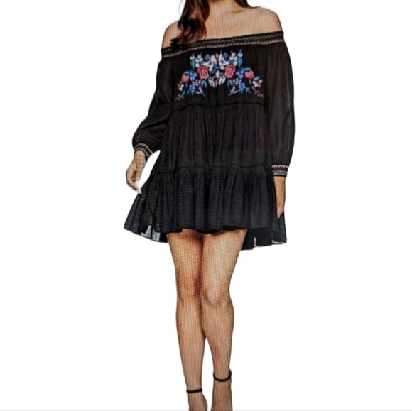 Free People Sunbeams Floral Embroidered Black Off The Shoulder Mini Dress - Picture 5 of 10